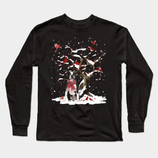 Black Boston Terrier Scarf Cardinal Snow Christmas Long Sleeve T-Shirt